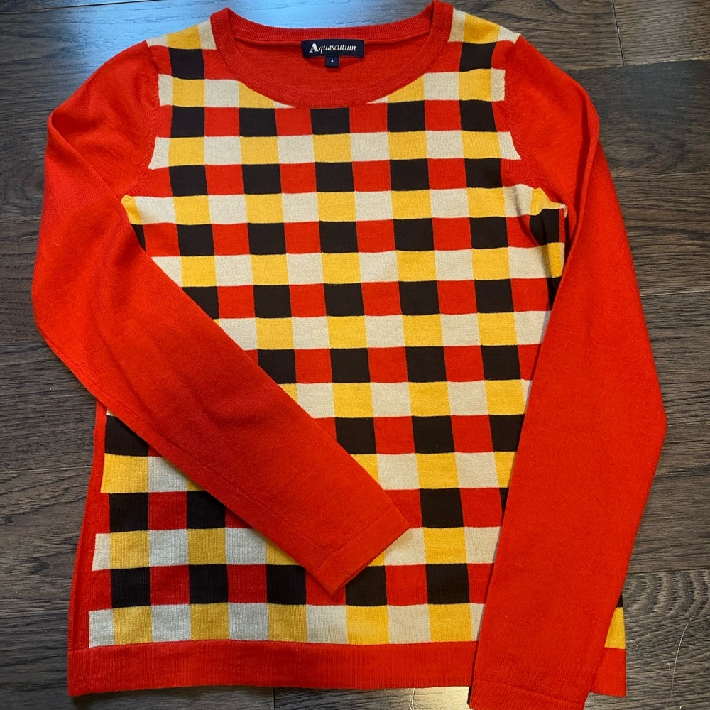 Aquascutum Merino Orange and Yellow Checkered Sweater